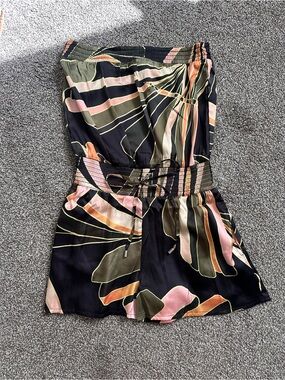 Elan Strapless Floral Romper Dress in Black, Pink & Olive
